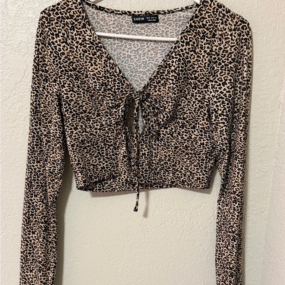 Leopard Tie-Front Long Sleeve Crop Top - Brown, Black. Worn once, looks New